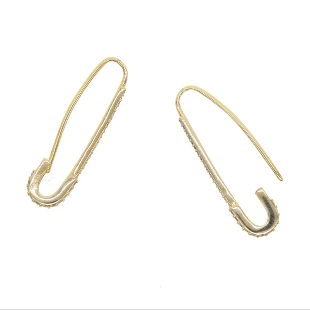 Last Pair Gold Vermeil CZ Safety Pin Earrings - Picture 6 of 8